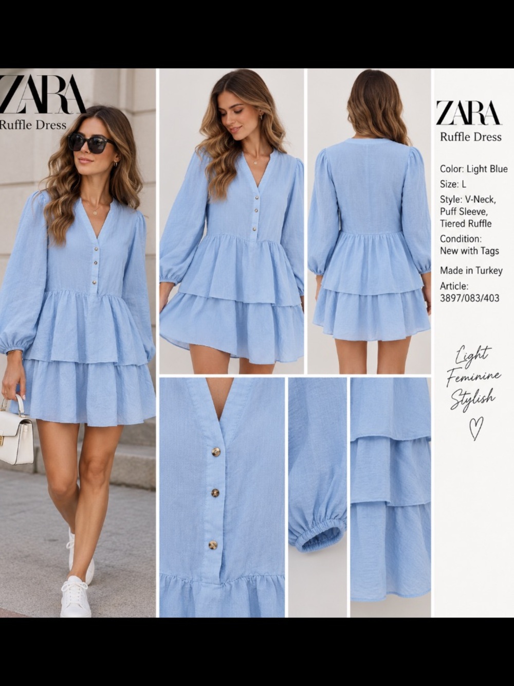ZARA Light Blue Tiered Ruffle Mini Dress